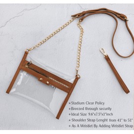 HOXIS Clear Zipper Purse Stadium Approved Women Chain Crossbody Bag Convertible Wristlet Clutch (Brown)