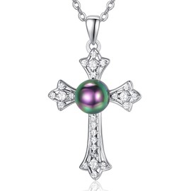 AENEAS Black Pearl Necklace for Women Cultured Freshwater Pearl Cross Pendant Necklace Fine Faith Jewelry Mother's Day Gifts for Mother's Day Christmas Anniversary