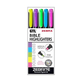 G.T. Luscombe Company, Inc. Zebrite Double Ended Bible Highlighters | No Bleed Pigmented Ink, No Fading or Smearing | Double Ended Fluorescent Multicolor for Highlighting & Underlining (Set of 5)