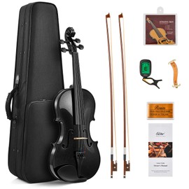 Eastar 4/4 Violin Set Full Size Fiddle Solidwood for Adults with Hard Case, Shoulder Rest, Rosin, Two Bows, Clip-on Tuner and Extra Strings, Black