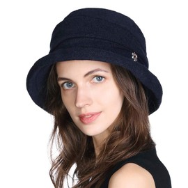 Fancet Womens Ladies Wool Felt Bucket Hats Classic Fashion 1920s Vintage Cloche Church Derby Bowler Hat Casual Walking Travel Hat Navy