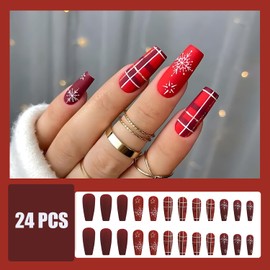 24 Pcs Red Matte Coffin Press on Nails Long Christmas Fake Nails with Glue Artifical False Nails with Snowflake Stripes Design Christmas Glue on Nails Holiday Full Cover Stick on Nails for Women