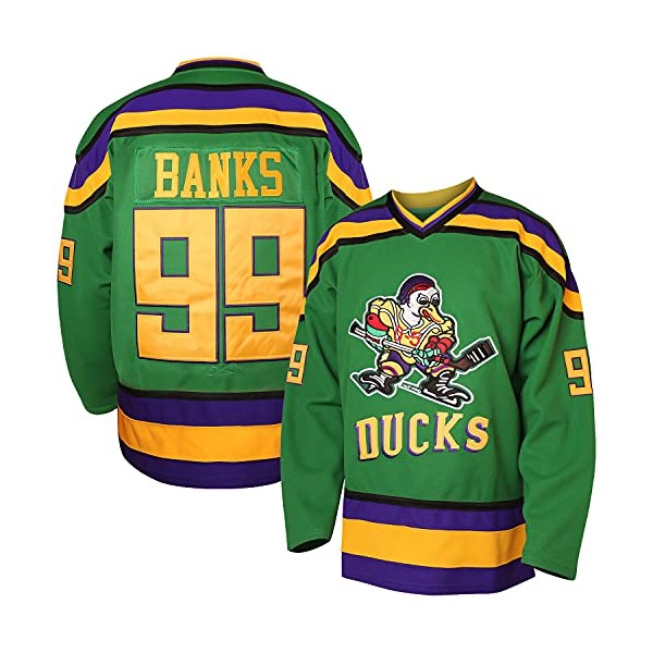 Charlie Conway #96 Mighty Ducks Adam Banks #99 Movie Ice Hockey Jersey (99 Green, XX-Large)