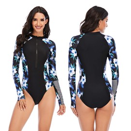 LafyKoly Women's One Piece Long Sleeve Rash Guard UV Protection Printed Surfing Swimsuit Swimwear Bathing Suit