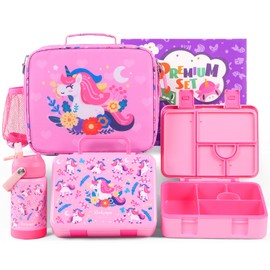 rockpapa 5 Compartment Bento Lunch Box for Kids with Uensils & Insulated Water Bottle & Lunch Bag with Strap, BPA-Free Lunch box Containers Set for School Boys Girls Ages 3+ (Pink Unicorn)