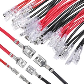 30Pcs 2.8mm 4.8mm and 6.3mm Female Spade Crimp Terminal with Insulating Sleeve and Wire, Red+Black Quick Splice Connector Kit for Speaker Wire, Crimp Terminal Assortment with 20cm Wires