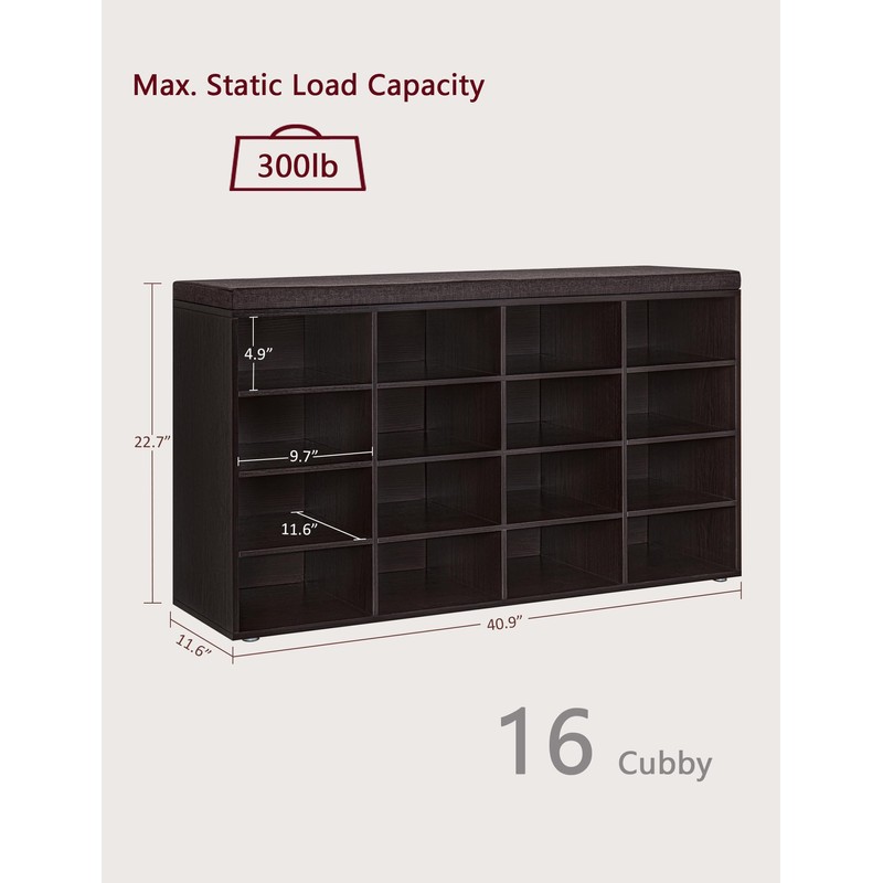 DINZI LVJ Shoe Storage Bench with Cushion, 16-Cubby Shoe Rack,