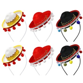 Yzpacc Set of 6 Cinco de Mayo Straw Sombrero Headband Fabric Party Hats with Ball Fringe Decoration for Fiesta Hat Party Accessories, Dia de Muertos, Mexican Theme Decorations Party Accessories (style