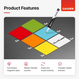 GAUDER Magnetic Dry Erase Labels | (75 x 75 mm) Magnetic Labels to write on | Dry Erase Magnets for Classroom, Whiteboard & Blackboard