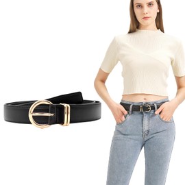 TeeYee Women's Skinny Leather Belts Refined Gold Buckle for Jeans Pants Ladies Dress Belt Black M