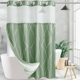 KONZENT Sage Green White Striped Fabric Shower Curtain with Snap in Liner for Bathroom Bathtubs,Hotel Shower Curtain and Liner Set with See Through Mesh Top Window,Machine Washable(54" W X 74" H)