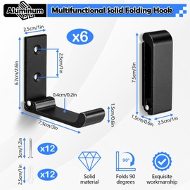 6 Pcs Folding Coat Hooks Black Folding Wall Hook, Coat Hooks Wall Mounted Aluminum Alloy Wall Hook with Screws Set for Hanging Coats, Bags, Hat, Towel, Keys (Black)