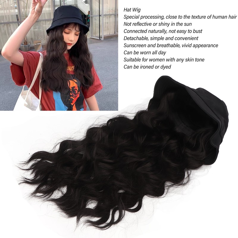 Hat Wig Women Detachable Middle Length Black Brown Curly Wavy