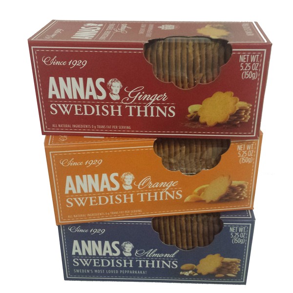 Annas Swedish Thins Assortment, THREE 5.25oz boxes, one box each of 3 flavors, 1 Ginger, 1 Orange & 1 Almond Thins