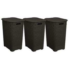 Plastic Laundry Hamper with Lid 3 Pack Laundry Hamper Basket, Brown Tall Cloths Hamper Organizer with Cut-out Handles. Space Saving for Laundry Room Bedroom Bathroom, Wicker Design 60 Liter