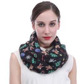 Lina & Lily Holiday Christmas Pattern Print Women's Infinity Scarf Lightweight (Black, Xmas Gingerbread Man Reindeer)