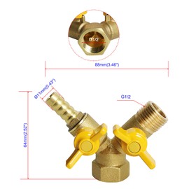 Aopin 3 Way Ball Valve Brass G 1/2" Female Thread x G 1/2" Male Thread x 11mm / 9/20 Hose Barb Valve with Vinyl Handle, Suitable for PEX, Copper, HDPE1 Piece