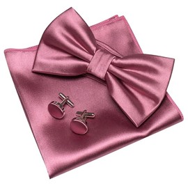 JEMYGINS Solid Color mens Pre-tied Bow Tie and Pocket Square Cufflinks Sets with Gift Box, Dusty Rose, One Size