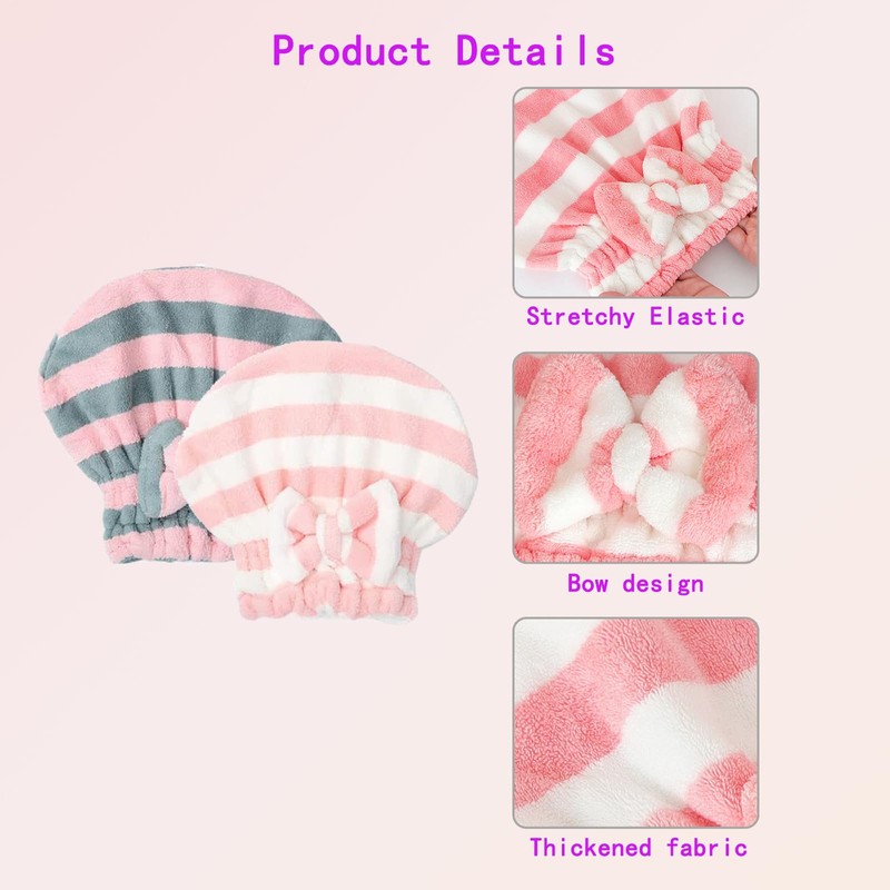 2 Pack Microfiber Hair Drying Cap Towel - Soft &