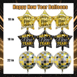 Black and Gold Happy New Year Balloons 2026, 18 Inch New Years Decorations, 2026 Balloons for New Year Eve Decorations (9 PCS Star)