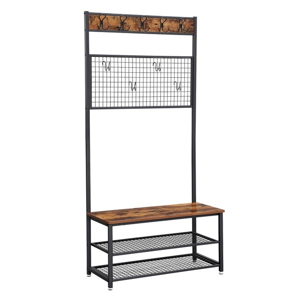VASAGLE Industrial Coat Rack Stand, Shoe Rack Bench with Grid Memo Board, 9 Hooks and Storage Shelves, Hall Tree with Stable Metal Frame, Rustic Brown UHSR46BX