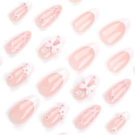 24 Pcs Spring French Tip White Press on Nails Short Almond - YIHONGYAN Acrylic Nail Art Kit Fake Nails Press ons Nail Tips False Nails Glue on Nails Full Cover 3D Bow Pearl Stick on Nails for Women