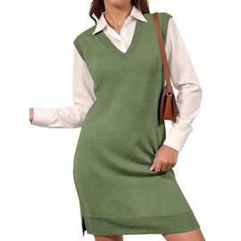 Wenrine Womens Sleeveless Sweater Vest Dress Casual Chunky Knit V Neck Loose Slit Fall Tank Midi Dresses Army Green