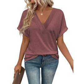 EyMuse T Shirts Short Sleeve V Neck Tees Womens Fashion Tops Trendy Lightweight Soft Casual Summer Spring Outfits Clothes 2024 Redwood,L