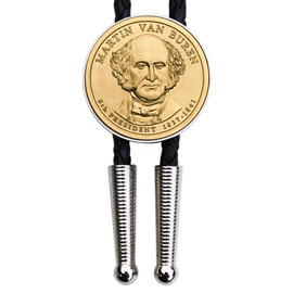 2008 Presidential Dollar BU Uncirculated Coin Simple Slide 36" black Leatherette Cord Silver Bolo Tie NEW - Martin Van Buren (1837~1841 Years Served)