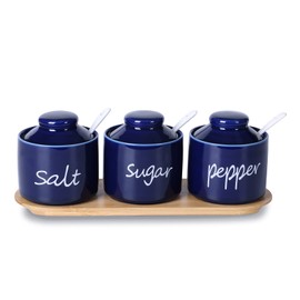 ONTUBE Farmhouse 8oz Sugar Pepper and Salt Bowls with Lid and Spoon, Ceramics Condiment Pots,Seasoning Jar Spice Container for Kitchen,Dishwasher Safe (Navy)