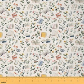 Books Upholstery Fabric for Chairs | Watercolor Book Outdoor Fabric by The Yard 36"x63", Rustic Flowers Plant Leaves Bohemian Floral Funky Botanical Landscape Fabric