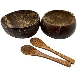 VIE Gourmet Coconut Bowls and Spoons, Set of 2, Black, (Coco-SPN-Set-2)