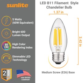 Sunlite 41077 LED Filament B11 Torpedo Chandelier Light Bulb, 6 Watts (60W Equivalent), 600 Lumens, Medium E26 Base, Dimmable, Edison Style, UL Listed, 5000K Super White 6 Pack