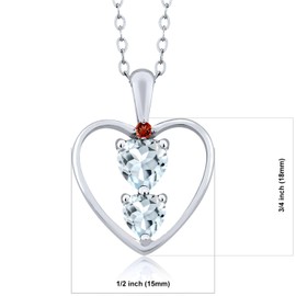 Gem Stone King 925 Sterling Silver Sky Blue Aquamarine and Red Garnet Pendant Necklace For Women (0.67 Cttw, Gemstone March Birthstone, Heart 5MM and 4MM, with 18 Inch Silver Chain)