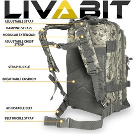 LIVABIT Tactical Emergency EDC 3 Day Earthquake Survivalist Grab and Go Bug Out Kit Bag Backpack Rucksack Molle Nylon Carrier ACU