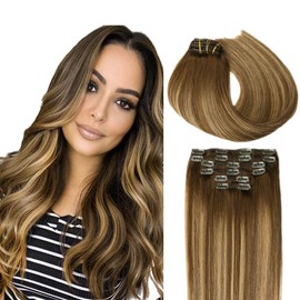 SURNEL Clip-In Hair Extensions, 100g/6 Pieces, 40 cm, Real Hair, Ombre, Medium Brown to Brown Blonde, Balayage #4/27/4, Clip in Hair Extensions, Real Hair, #4/27/4 - 16 Inches