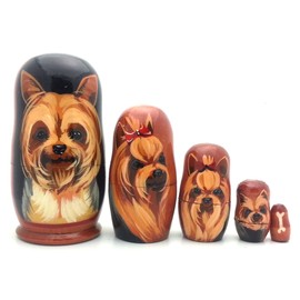 Dog Yorkshire Terrier Puppy Nesting Dolls Russian Hand Made 5 Piece Matryoshka Set Yorkie 4" H