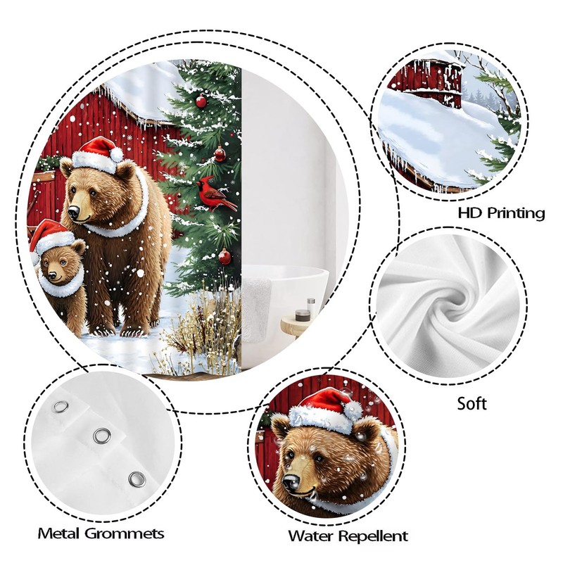Winter Christmas Bear Shower Curtain, Rustic Cabin Wildlife, 70 x