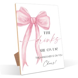 Pink Bow Theme Wooden Wedding Signs, Drinks Please Help Yourself Sign, Bridal Shower Centerpieces for Tables, Couples Wedding Shower Decorations, Table Decor for Engagement and Anniversary, 14