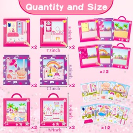AgincBerry Pink Princess Sticker Scene - 12 Set Princess House Scene Sticker Art Craft for Girls DIY Doll Dress Up Stickers Scene with Cosmetic Mirror Make Your Own Dress Up Stickers DIY Party Games