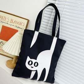 Canvas Tote Bag Aesthetic for Women, Cute Reusable Cloth Cotton Bags for Shopping Beach Trendy Gifts - Color: BLACK-CAT