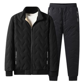 ANUFER Mens Winter Warm Quilted Fleece Lined Tracksuit Set Full Zip Fleece Jacket and Sweatpants with Zip Pockets Black XL