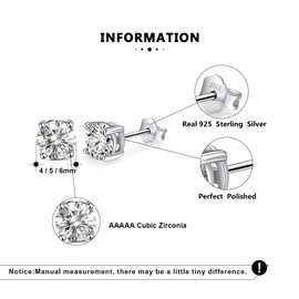 Cangall Silver Stud Earrings, 3 Pairs 925 Sterling Silver Studs Earrings Set for Women, Small Unisex Cubic Zirconia Stud Earrings, Hypoallergenic Cartilage Sleeper Stud Earrings in 4, 5, 6mm