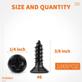 TPOHH 100 PCS #6 X 3/8 inch Stainless Steel 18-8 (A2) Wood Screws, Black Coated Flat Head Phillips Full Threaded Screw, KA35X10SS18-8