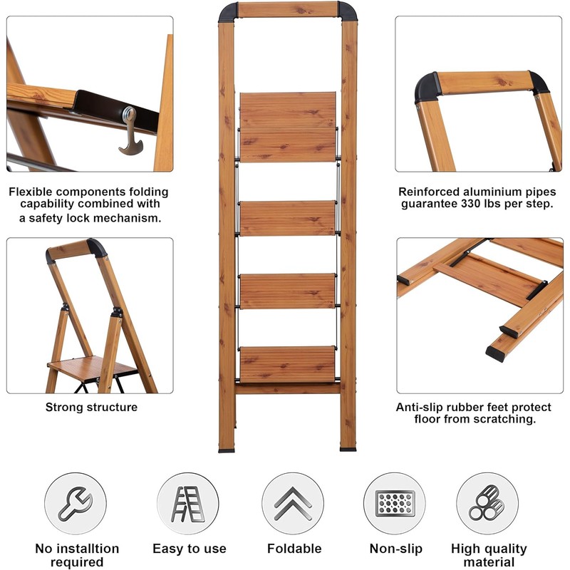 Step Ladder 3-Step Woodgrain Finish Aluminum Folding Step Ladders Wide