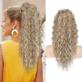 SEIKEA Ponytail Extension, PT005 Isabella 18" Long Bohemian Curly Drawstring Ponytail Light Fluffy Multi Layered Clip in Hair Extensions Ponytail Natural Soft Synthetic Hairpiece DarkBlondeWhiteBlonde