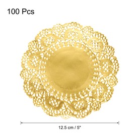 sourcing map 100 Pcs Gold Lace Paper Doilies 5 Inch Round Paper Doilies Tableware Disposable Foil Lace Paper Decorative Paper Placemats for Wedding, Birthday, Cakes, Desserts, Tableware Food
