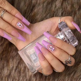 Outyua Hot Pink French Press on Nails Extra Long Fake Nails Coffin Ballerina Super Long False Nails Full Cover Acrylic Nails for Women and Girls 24Pcs (Rhinstone)