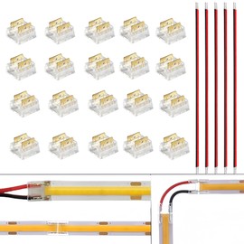 Clearhill 8mm 2Pin 20 Packs Press-in Assembly COB Led Strip Connectors,Ultra Slim,Strip to Strip OR Strip to Wire Connectors for Single Color 5V/12V/24V Light Strips,Transparent Terminal.