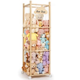 Mallify Wooden Stuffed Animal Storage, 3-Tier Natural Solid Wood Plush Toy Organizer, 54 Inch